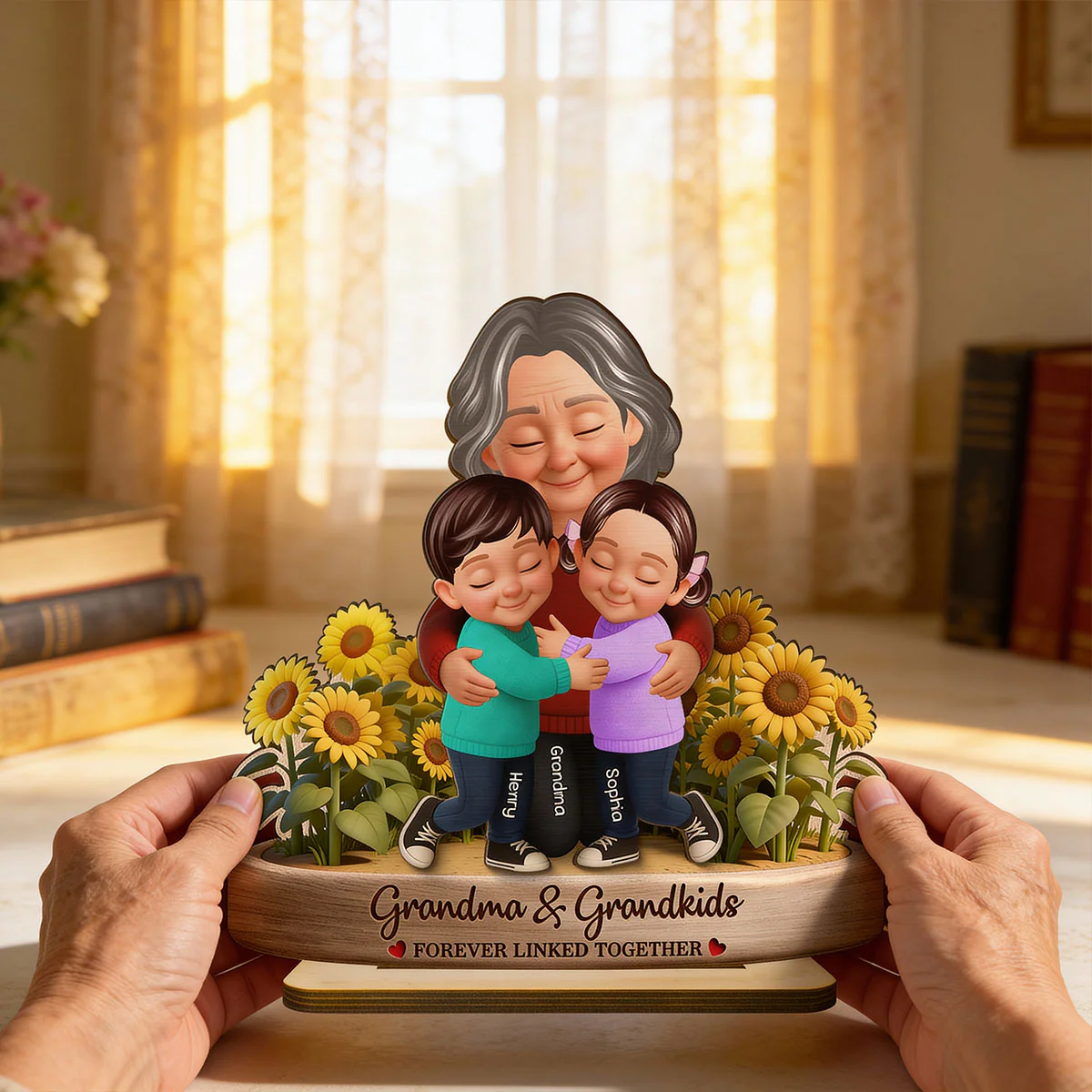 Grandma And Grandkids Forever Linked Together Sunflower Field - Personalized 2-Layered Wooden Plaque - Gift For Grandma - Image 11