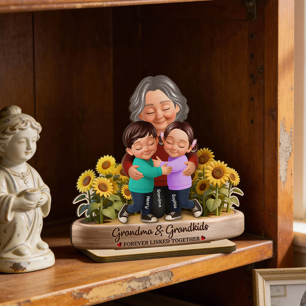 Grandma And Grandkids Forever Linked Together Sunflower Field - Personalized 2-Layered Wooden Plaque - Gift For Grandma - Image 12