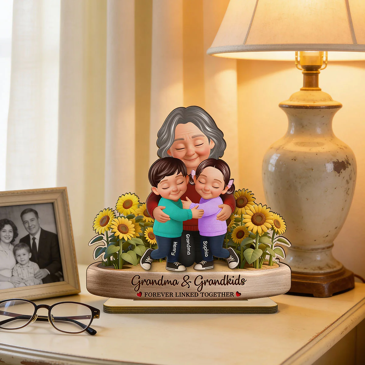 Grandma And Grandkids Forever Linked Together Sunflower Field - Personalized 2-Layered Wooden Plaque - Gift For Grandma - Image 13