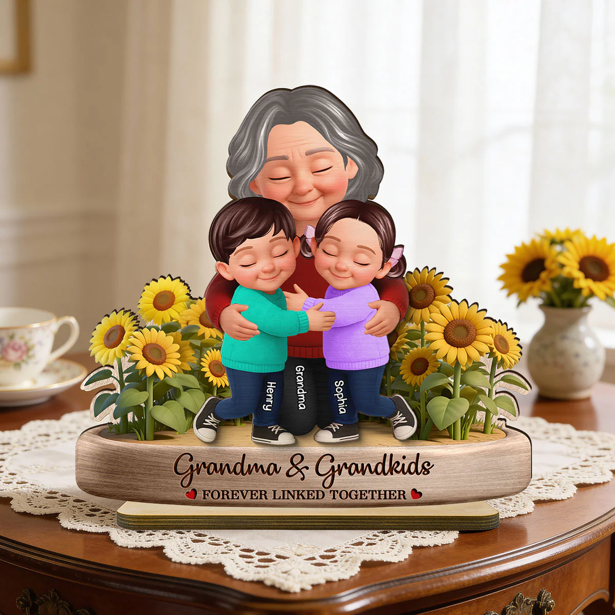Grandma And Grandkids Forever Linked Together Sunflower Field - Personalized 2-Layered Wooden Plaque - Gift For Grandma - Image 14