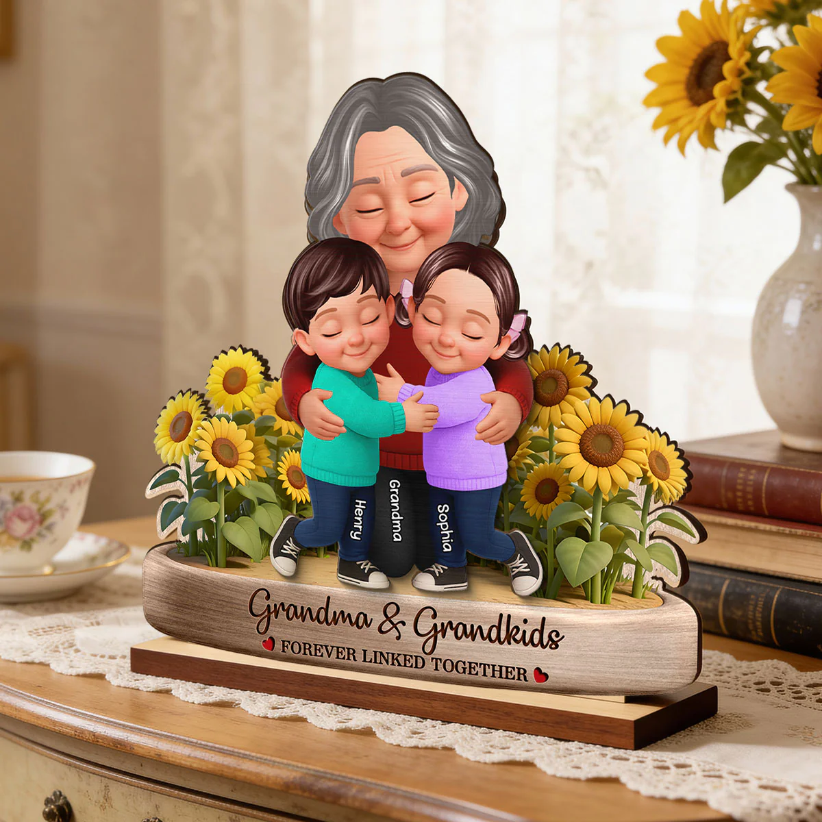 Grandma And Grandkids Forever Linked Together Sunflower Field - Personalized 2-Layered Wooden Plaque - Gift For Grandma - Image 15