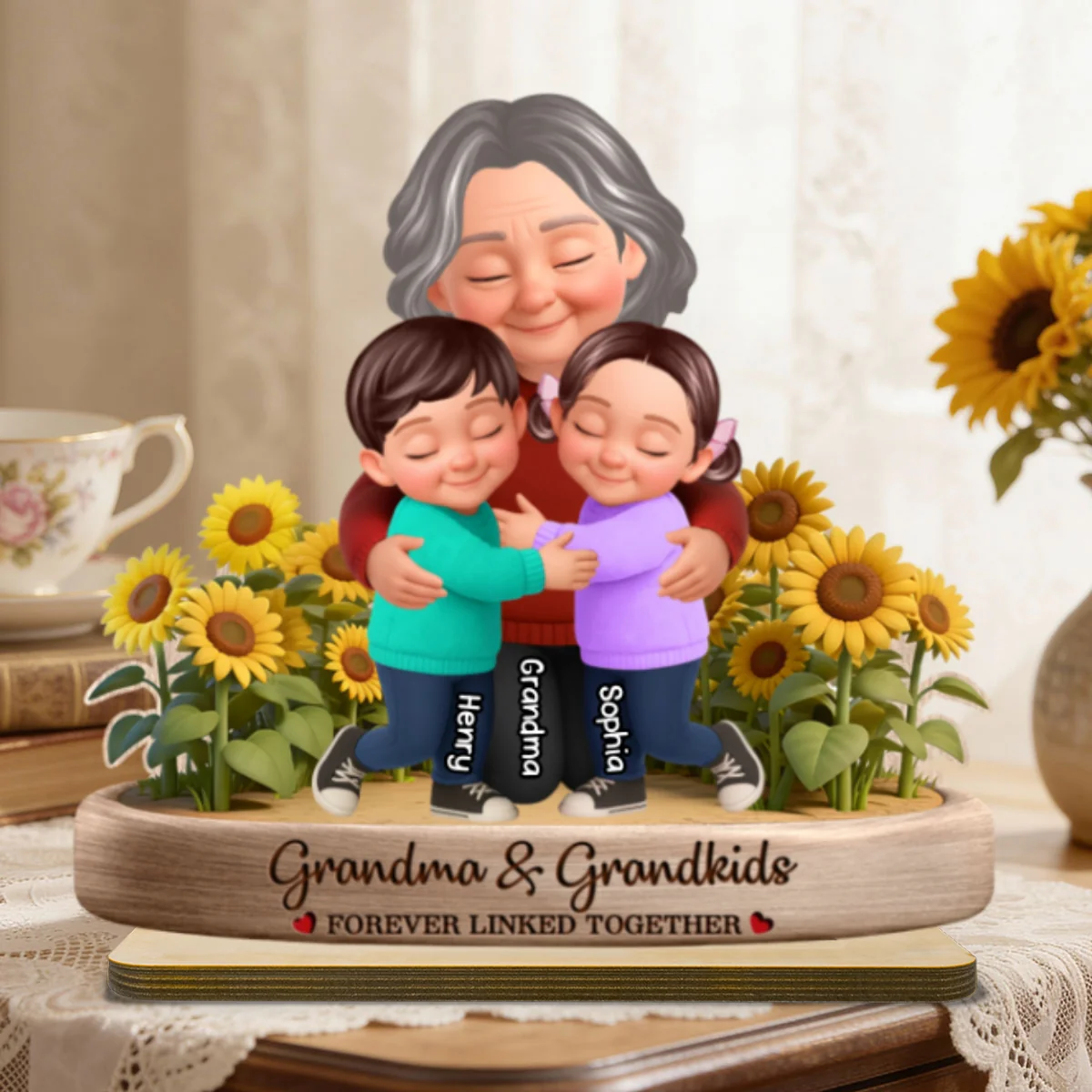 Grandma And Grandkids Forever Linked Together Sunflower Field - Personalized 2-Layered Wooden Plaque - Gift For Grandma - Image 18