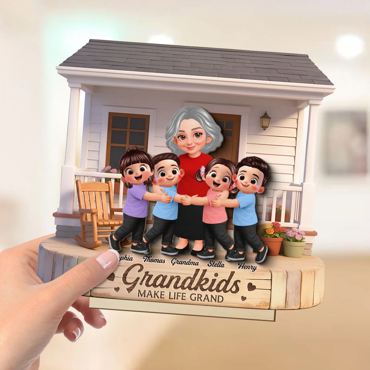 Grandma And Grandkids Happy Together At Front Porch - Personalized 2-Layered Wooden Plaque - Gift For Grandma - Image 3