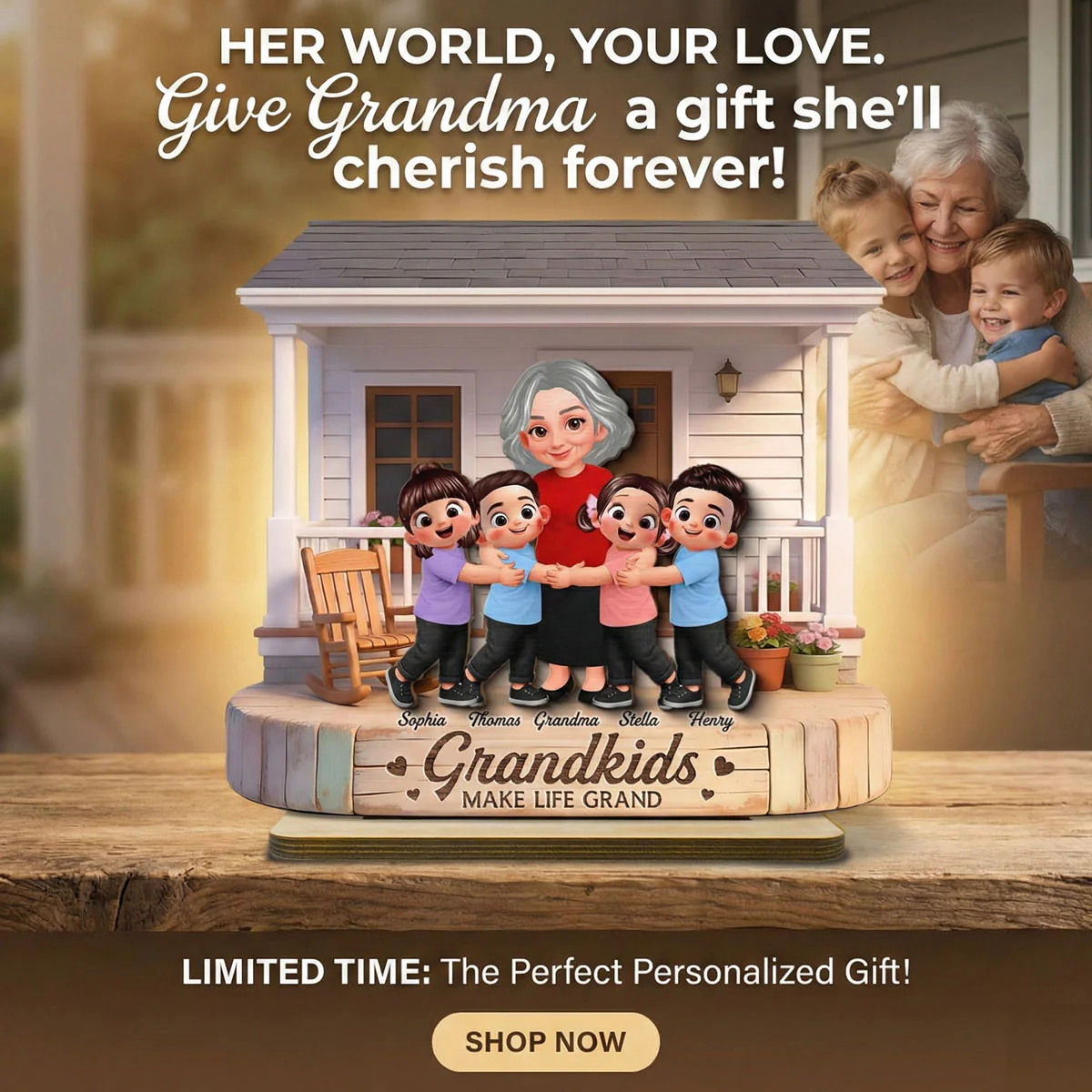 Grandma And Grandkids Happy Together At Front Porch - Personalized 2-Layered Wooden Plaque - Gift For Grandma - Image 5