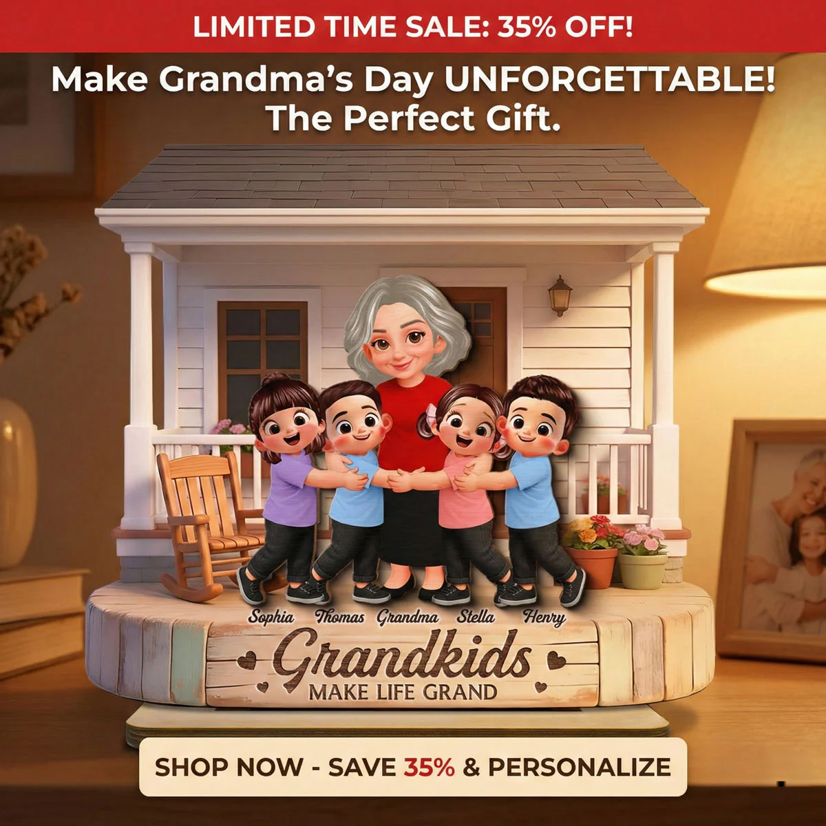 Grandma And Grandkids Happy Together At Front Porch - Personalized 2-Layered Wooden Plaque - Gift For Grandma - Image 9