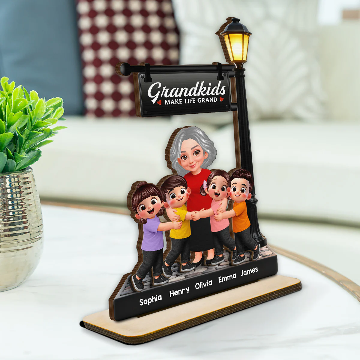 Grandma And Grandkids Happy Together Under Lamp Post - Personalized 2-Layered Wooden Plaque - Gift For Grandma - Image 2