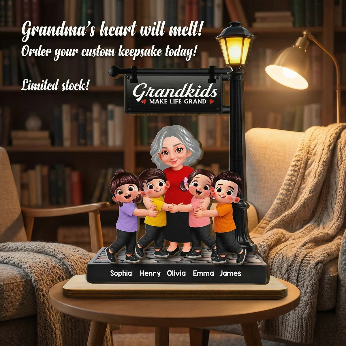 Grandma And Grandkids Happy Together Under Lamp Post - Personalized 2-Layered Wooden Plaque - Gift For Grandma - Image 5
