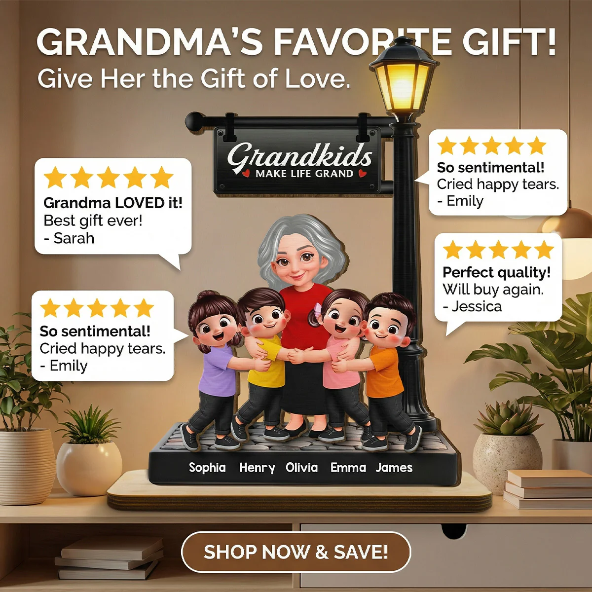 Grandma And Grandkids Happy Together Under Lamp Post - Personalized 2-Layered Wooden Plaque - Gift For Grandma - Image 6