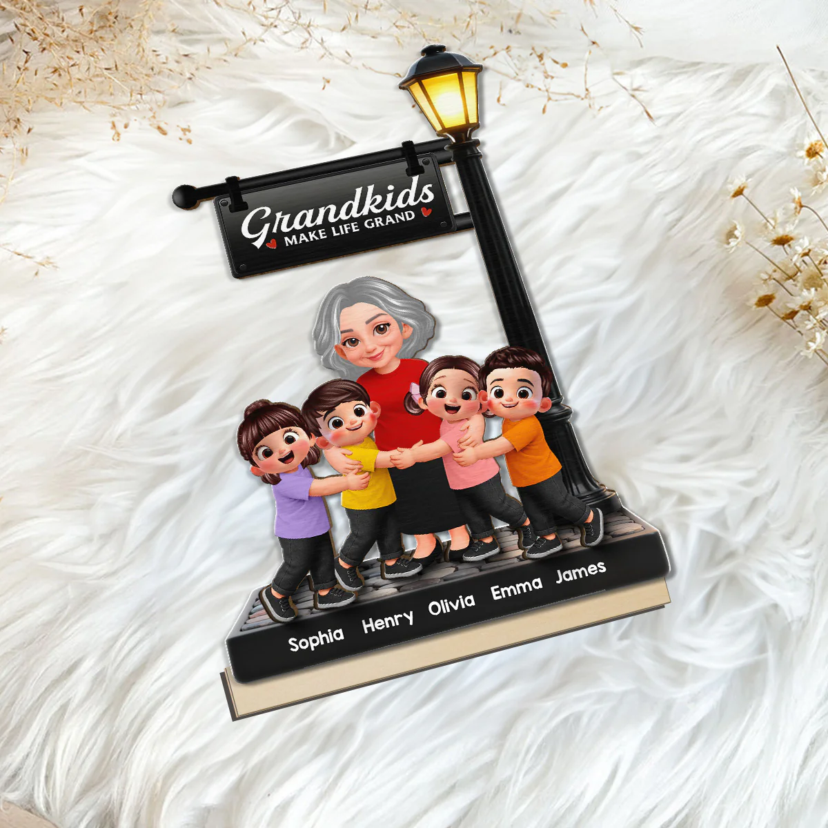 Grandma And Grandkids Happy Together Under Lamp Post - Personalized 2-Layered Wooden Plaque - Gift For Grandma - Image 7