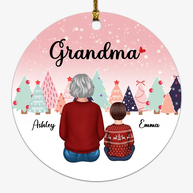 Grandma And Grandkids Patterned Christmas Tree Personalized Circle Ornament - Image 2