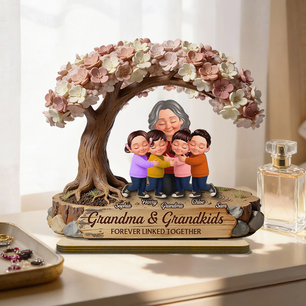 Grandma And Grandkids Under Blossom Tree - Personalized 2-Layered Wooden Plaque - Gift For Mom - Image 10