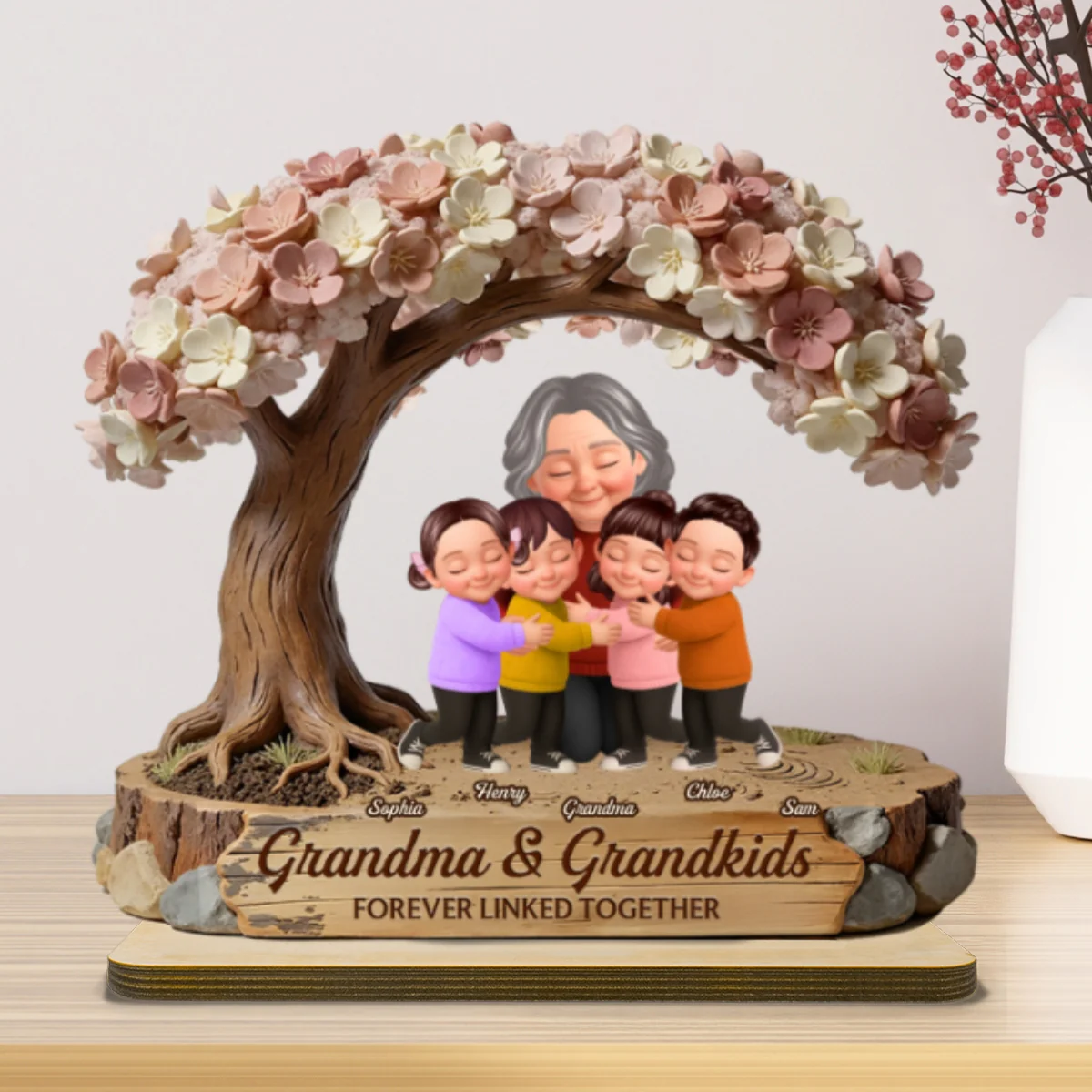 Grandma And Grandkids Under Blossom Tree - Personalized 2-Layered Wooden Plaque - Gift For Mom - Image 11