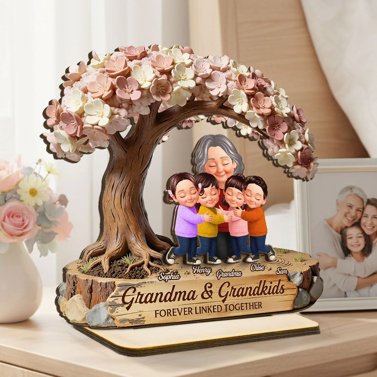 Grandma And Grandkids Under Blossom Tree - Personalized 2-Layered Wooden Plaque - Gift For Mom - Image 2