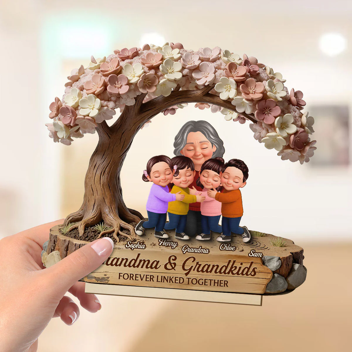 Grandma And Grandkids Under Blossom Tree - Personalized 2-Layered Wooden Plaque - Gift For Mom - Image 3