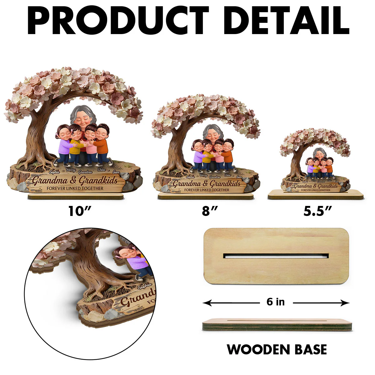 Grandma And Grandkids Under Blossom Tree - Personalized 2-Layered Wooden Plaque - Gift For Mom - Image 4