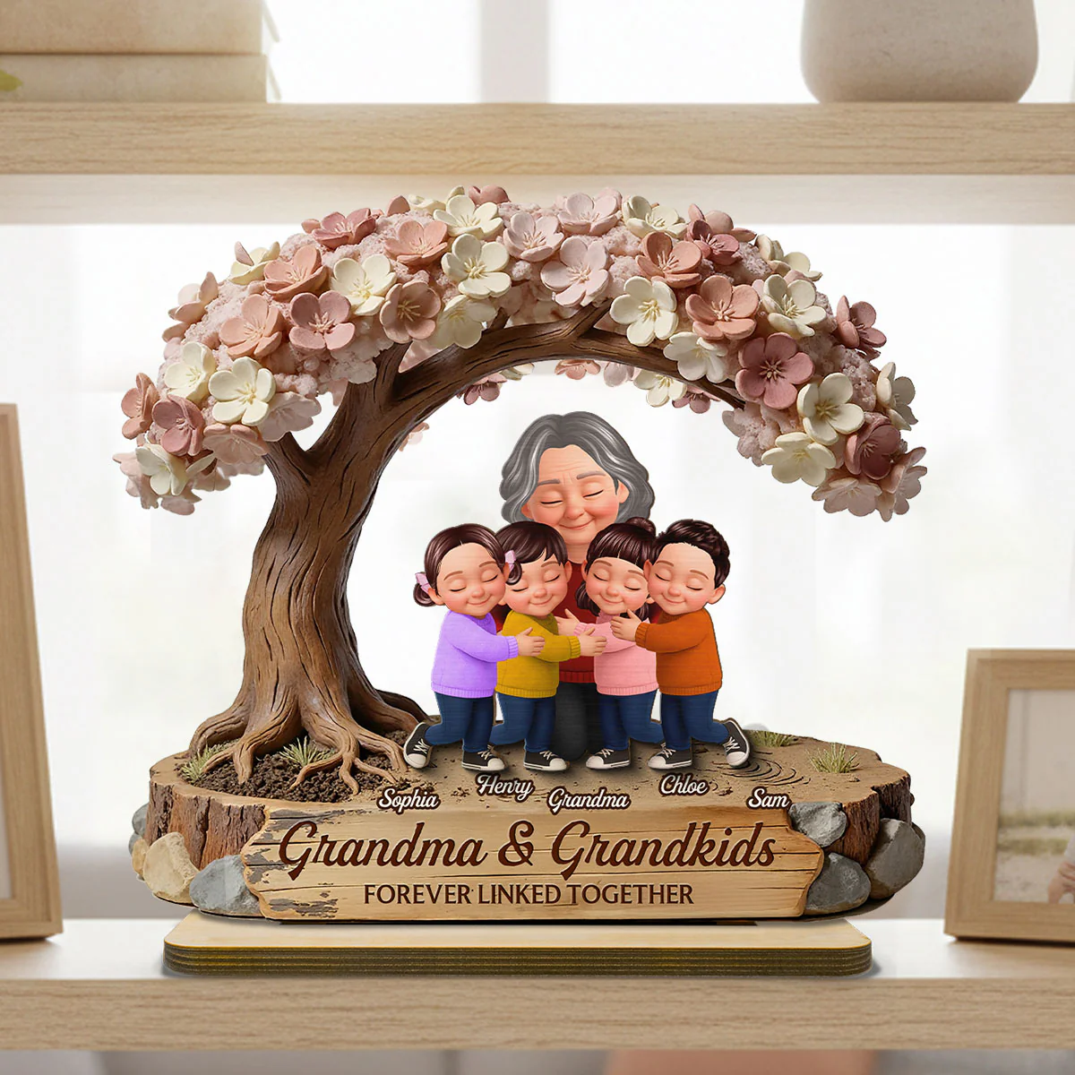 Grandma And Grandkids Under Blossom Tree - Personalized 2-Layered Wooden Plaque - Gift For Mom - Image 6