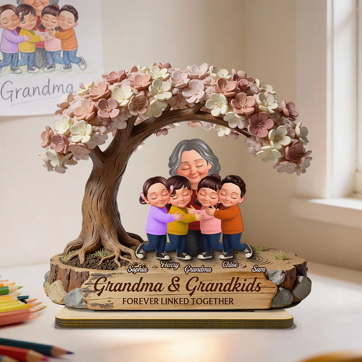 Grandma And Grandkids Under Blossom Tree - Personalized 2-Layered Wooden Plaque - Gift For Mom - Image 7