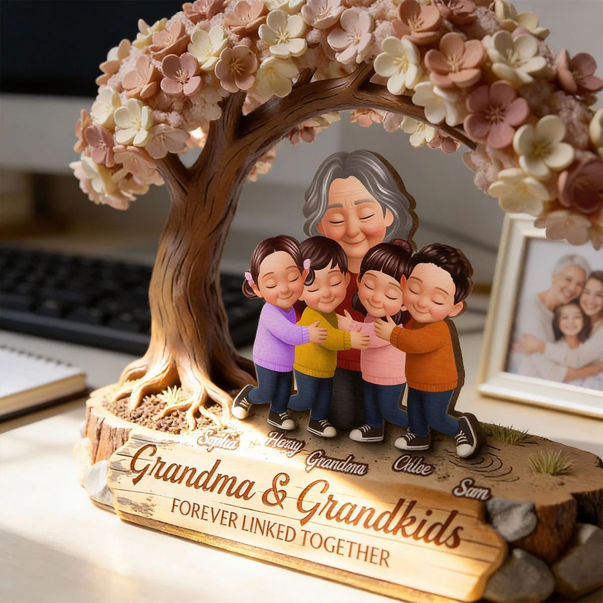 Grandma And Grandkids Under Blossom Tree - Personalized 2-Layered Wooden Plaque - Gift For Mom - Image 8