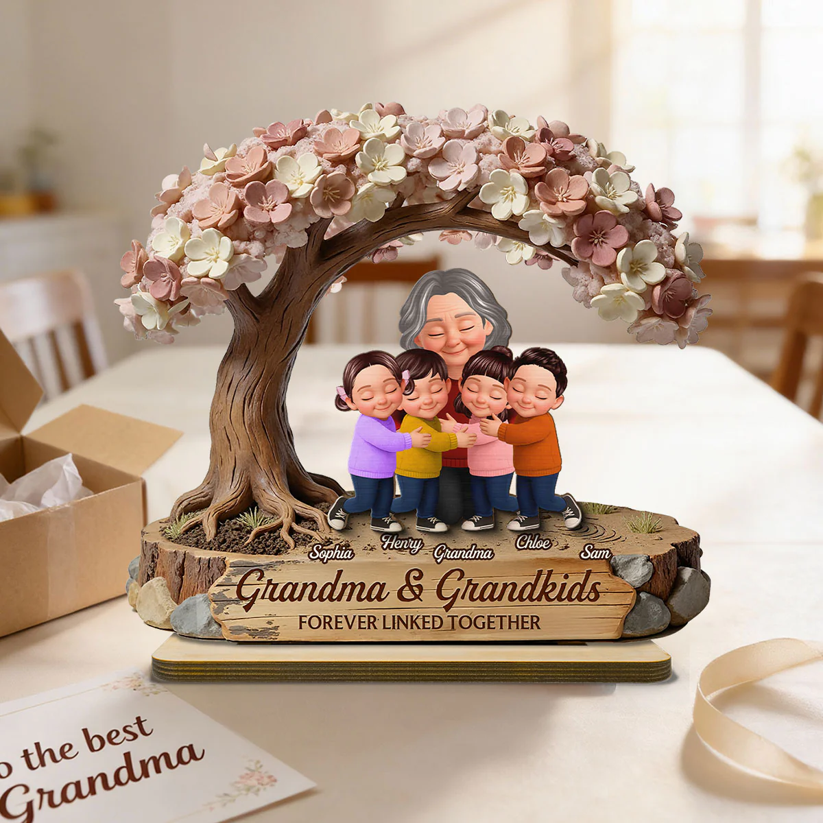 Grandma And Grandkids Under Blossom Tree - Personalized 2-Layered Wooden Plaque - Gift For Mom - Image 9