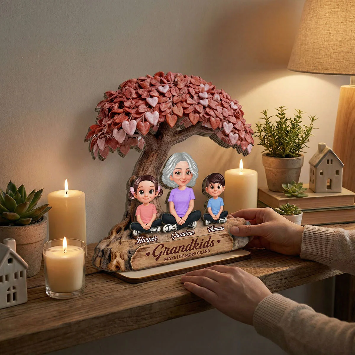 Grandma And Grandkids Under Heart Tree - Personalized 2-Layered Wooden Plaque - Gift For Grandma - Image 2