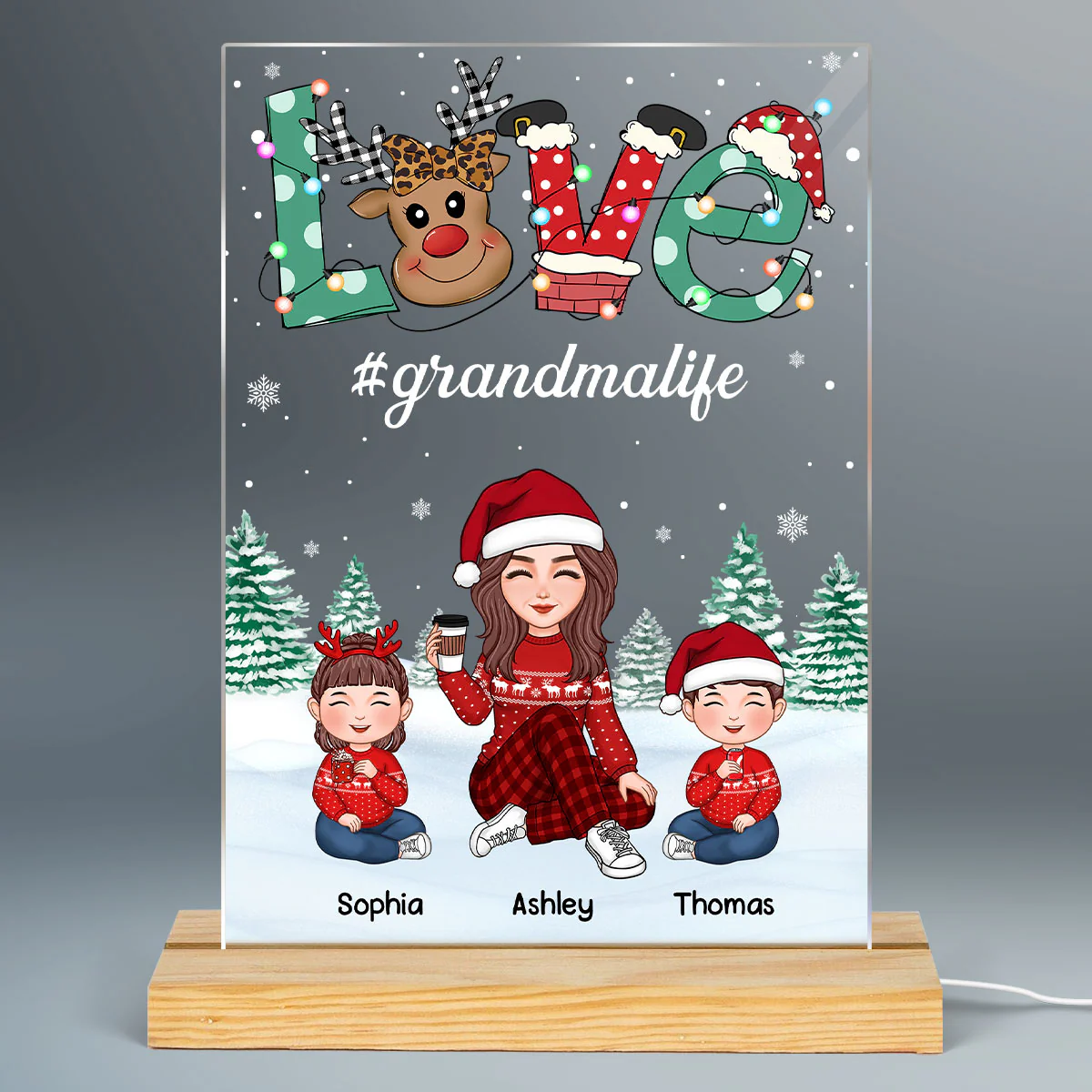 Grandma And Kids Christmas Reindeer LOVE Personalized Acrylic Rectangle LED Night Light - Image 2