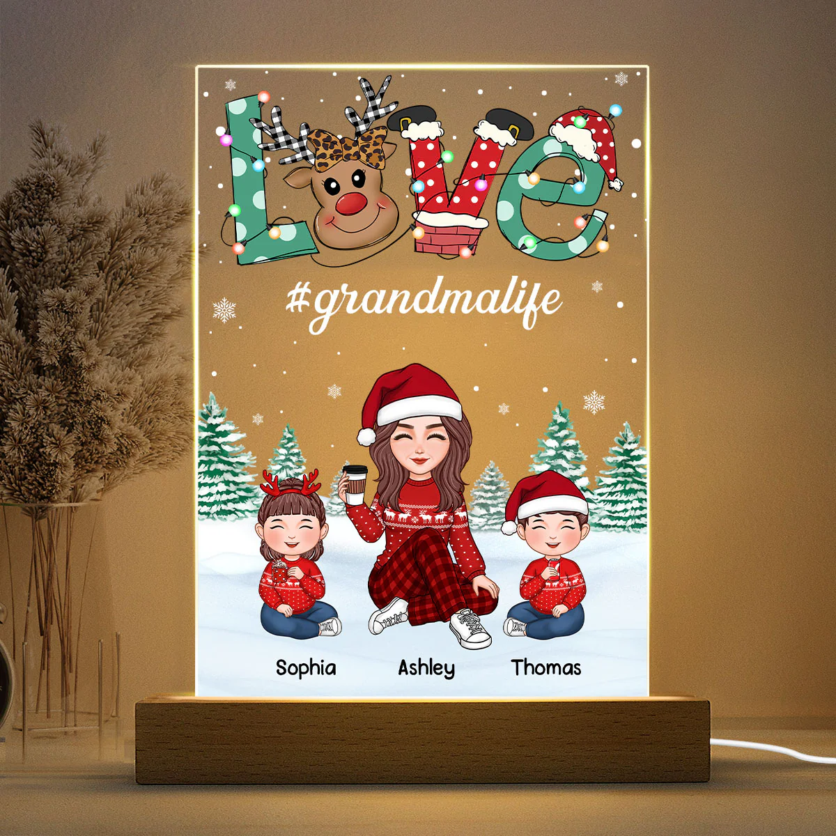 Grandma And Kids Christmas Reindeer LOVE Personalized Acrylic Rectangle LED Night Light - Image 3