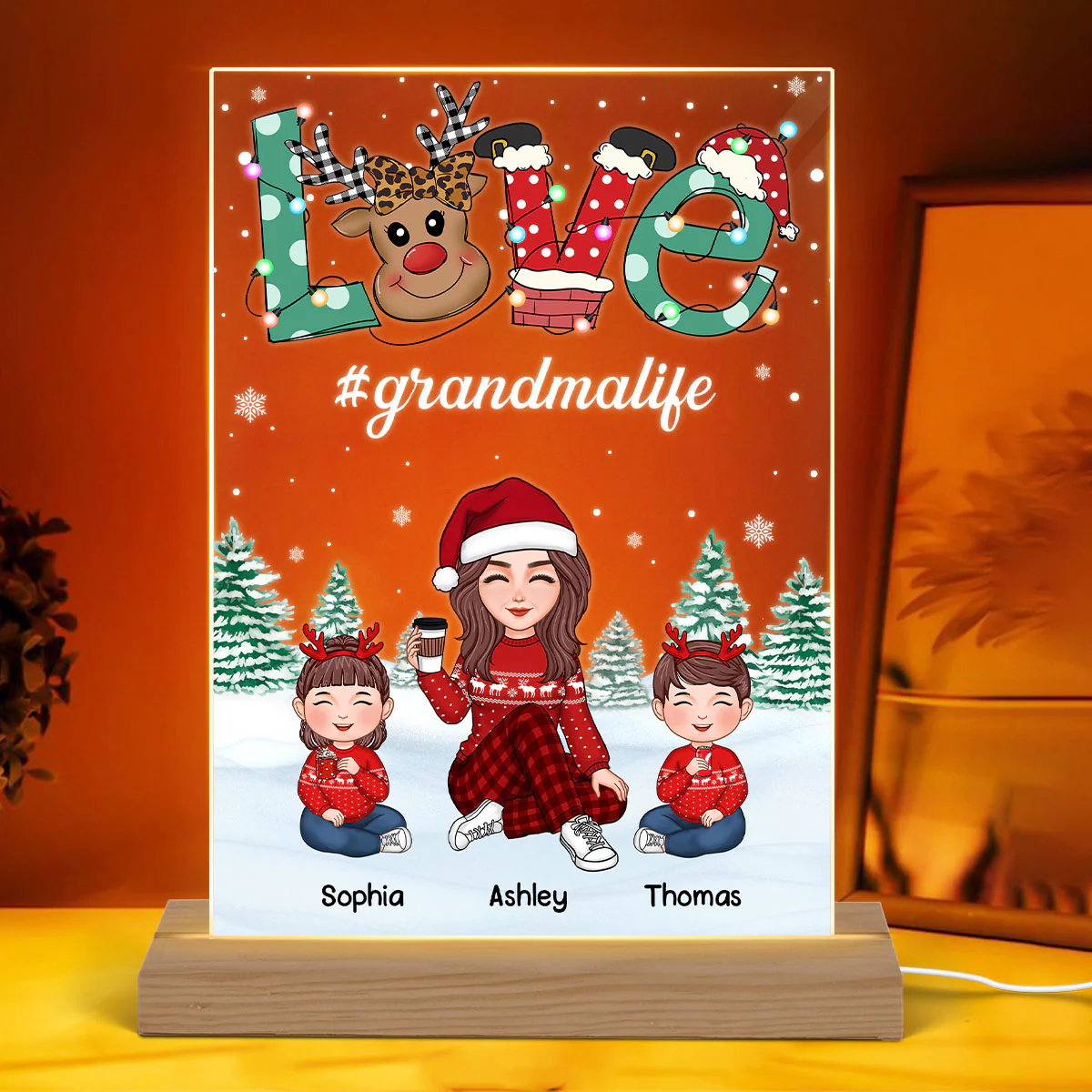 Grandma And Kids Christmas Reindeer LOVE Personalized Acrylic Rectangle LED Night Light - Image 4