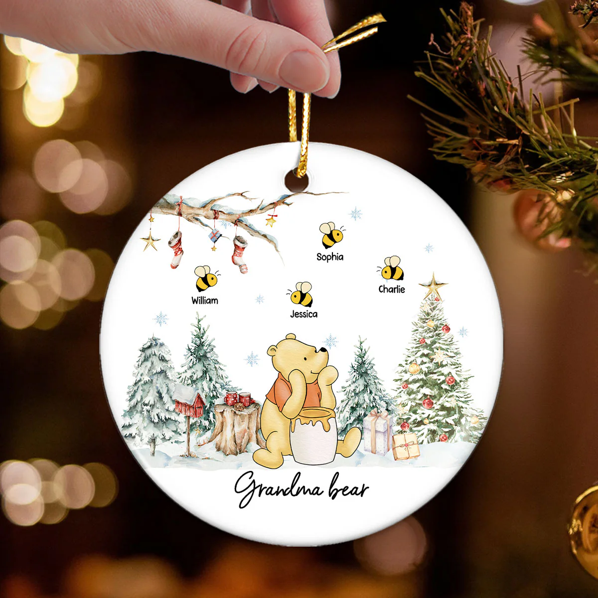 Grandma Bear Cute Grandkids Names Personalized Circle Ceramic Ornament, Christmas Gift - Image 3