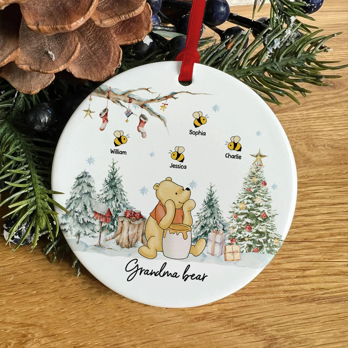 Grandma Bear Cute Grandkids Names Personalized Circle Ceramic Ornament, Christmas Gift - Image 4