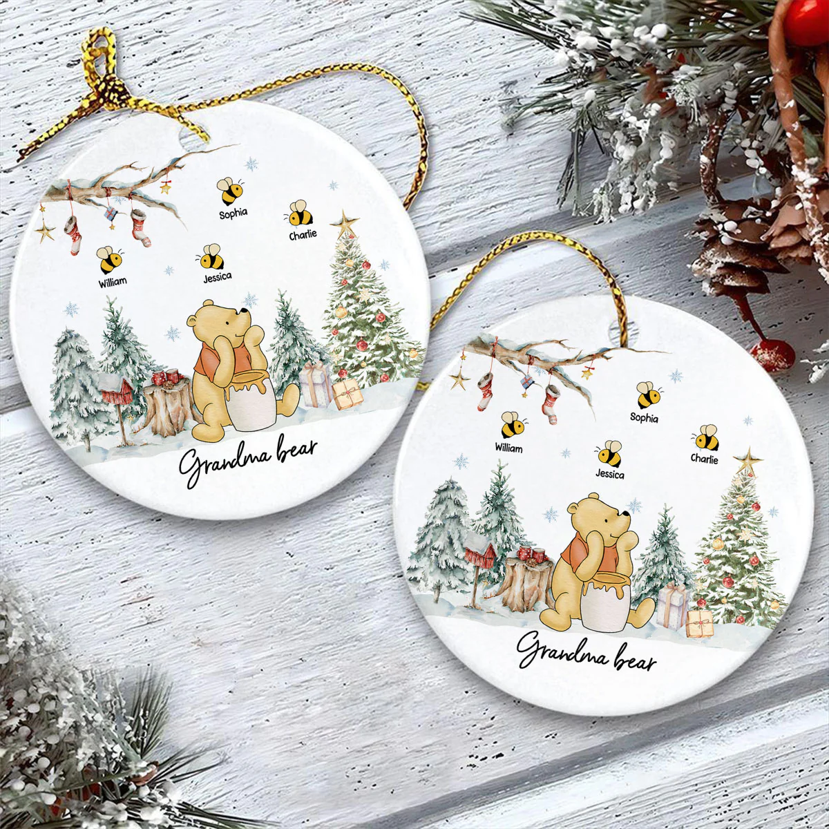 Grandma Bear Cute Grandkids Names Personalized Circle Ceramic Ornament, Christmas Gift - Image 5