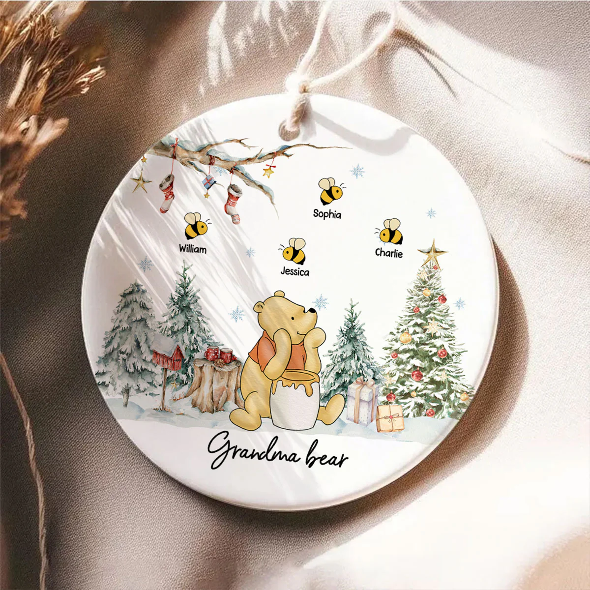 Grandma Bear Cute Grandkids Names Personalized Circle Ceramic Ornament, Christmas Gift - Image 6