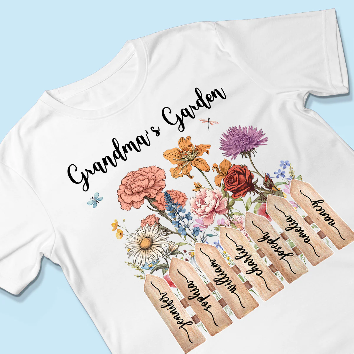 Grandma Birth Month Flower Garden Grandkids Names On Fence Personalized Shirt, Mother's Day gift for Mom, for Grandma - Image 7