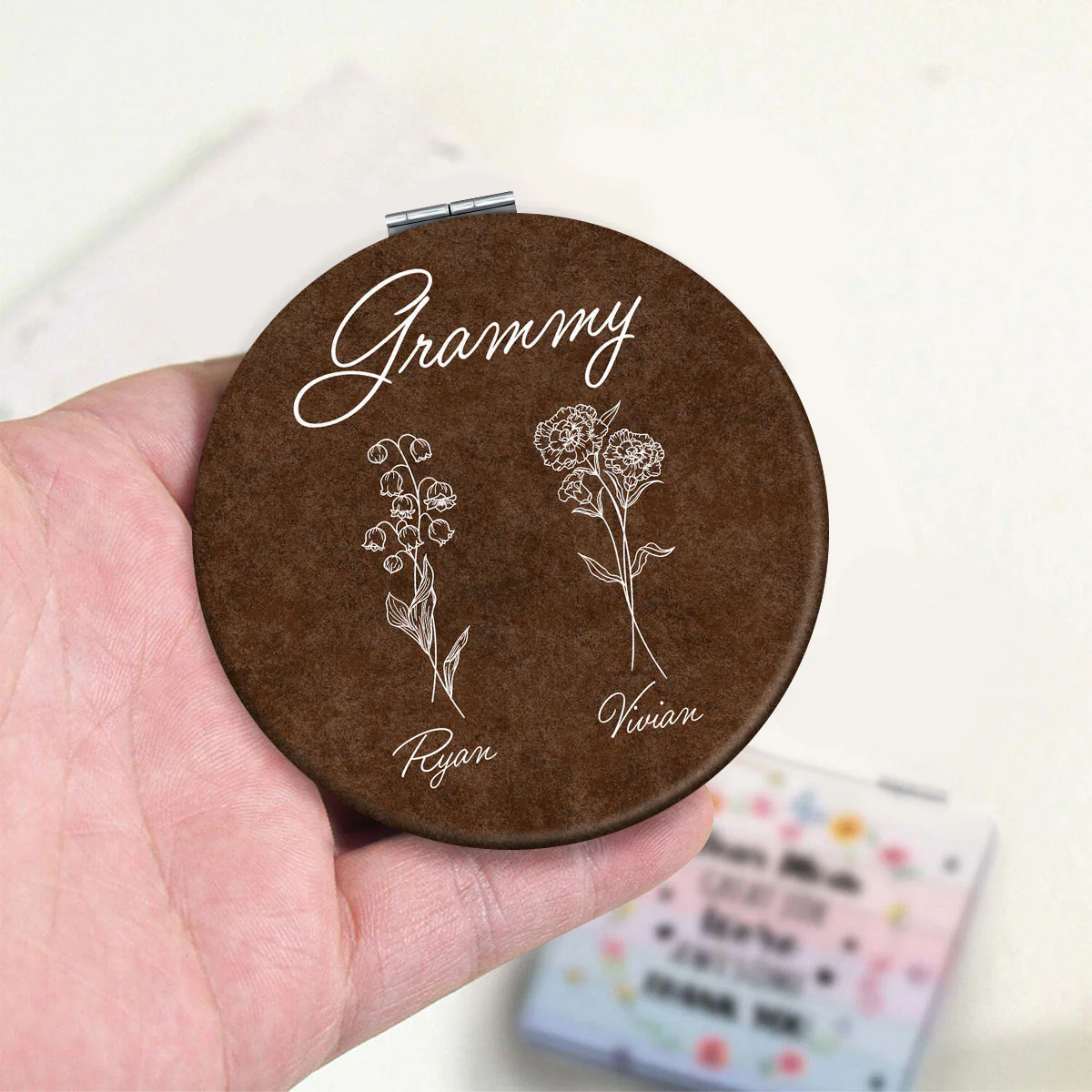 Grandma Birth Month Flowers Outline Personalized Circle Compact Mirror, Gift For Mom, For Grandma - Image 3