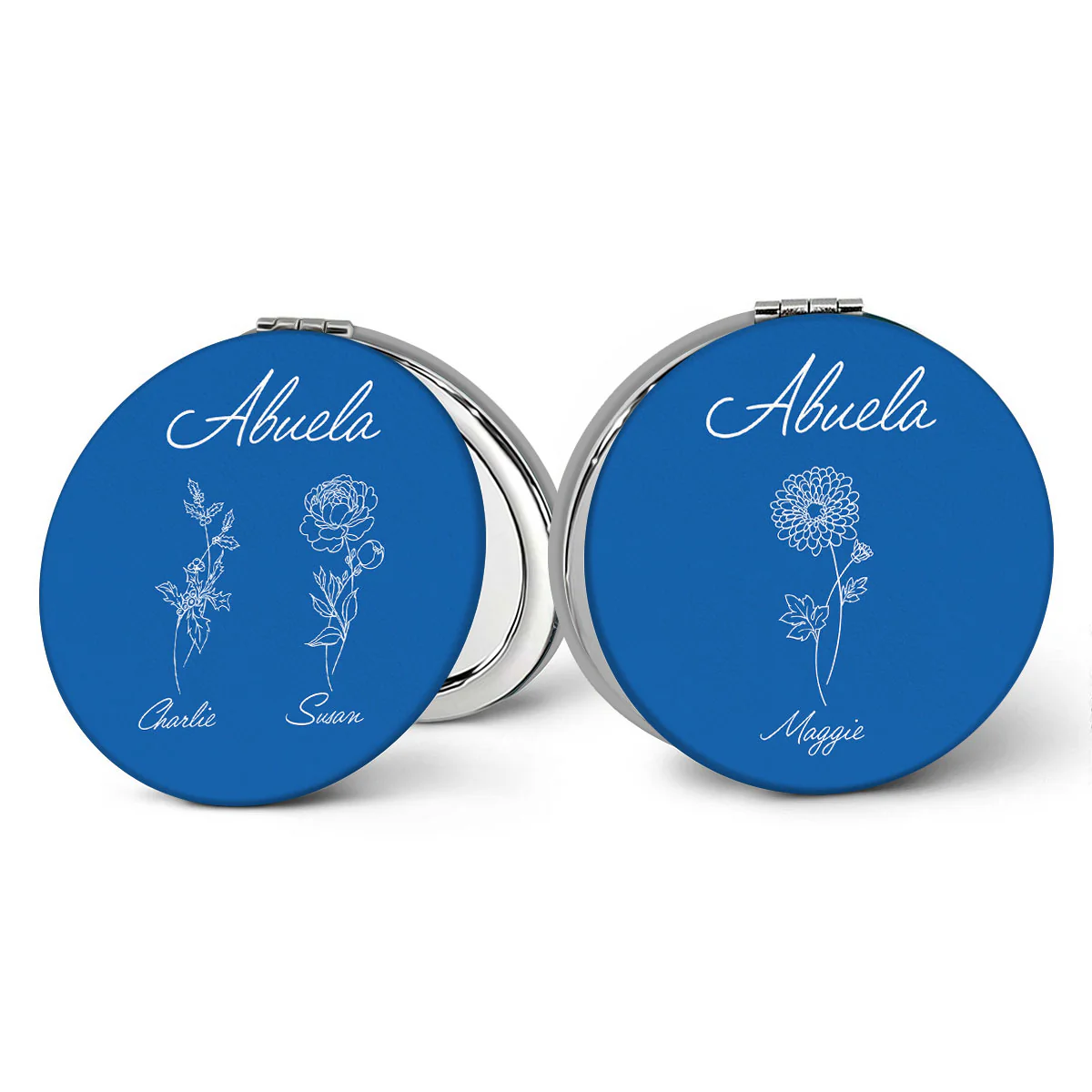 Grandma Birth Month Flowers Outline Personalized Circle Compact Mirror, Gift For Mom, For Grandma - Image 5