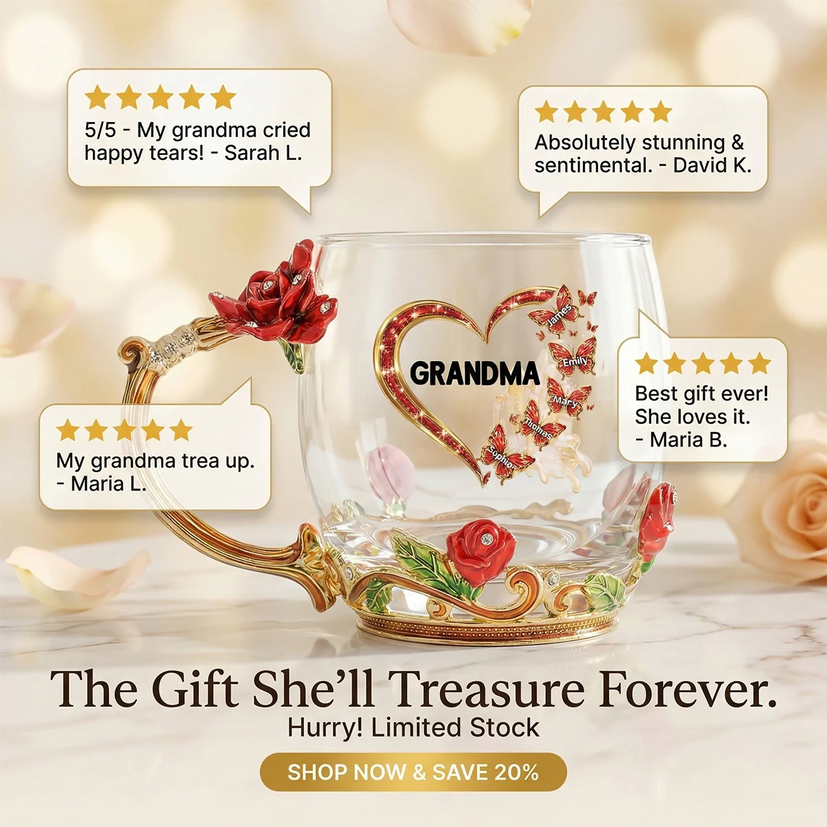 Grandma Butterflies Heart Custom Kids Names - Personalized Enamel Flower Tea Cup - Gift For Grandma, Mom - Image 3