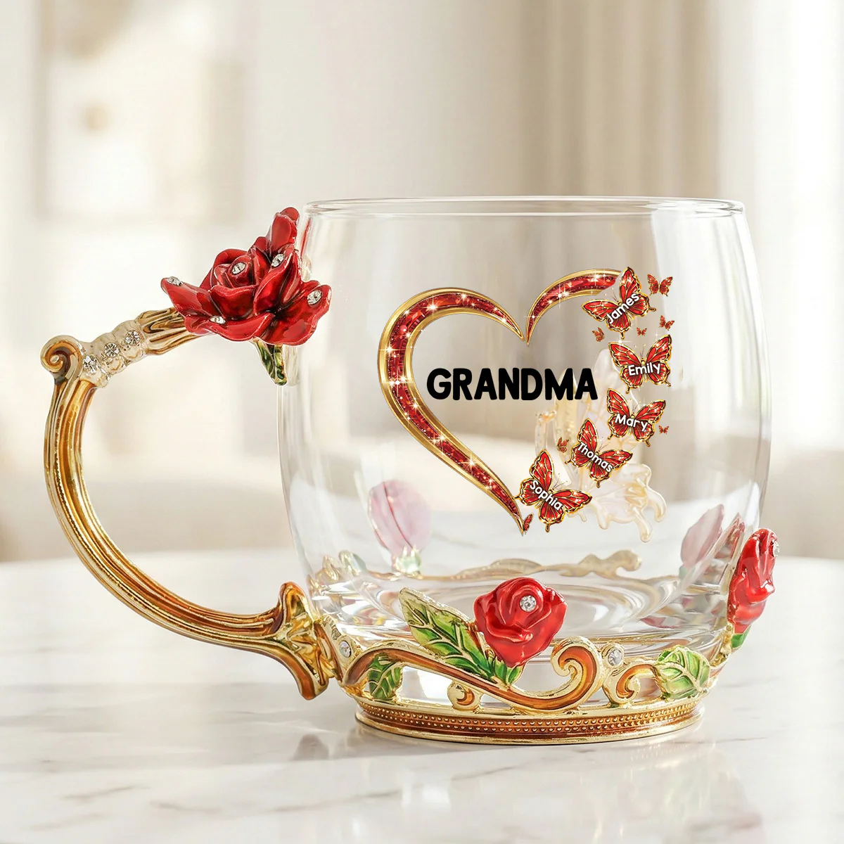 Grandma Butterflies Heart Custom Kids Names - Personalized Enamel Flower Tea Cup - Gift For Grandma, Mom - Image 7