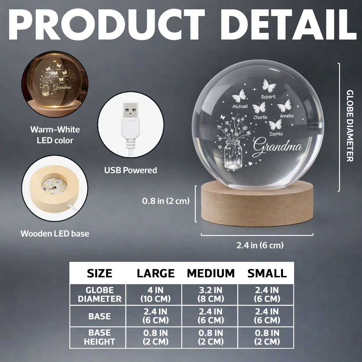Grandma Butterfly Flower Jar - Personalized Crystal Ball LED Night Light - Sentimental Gift for Grandma - Image 10