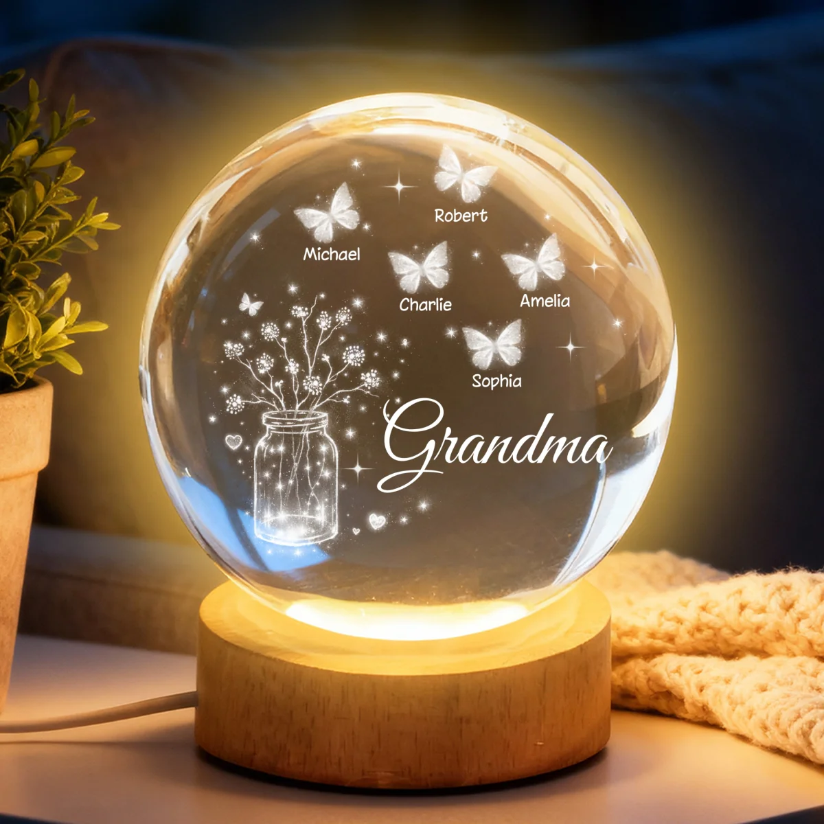 Grandma Butterfly Flower Jar - Personalized Crystal Ball LED Night Light - Sentimental Gift for Grandma - Image 11