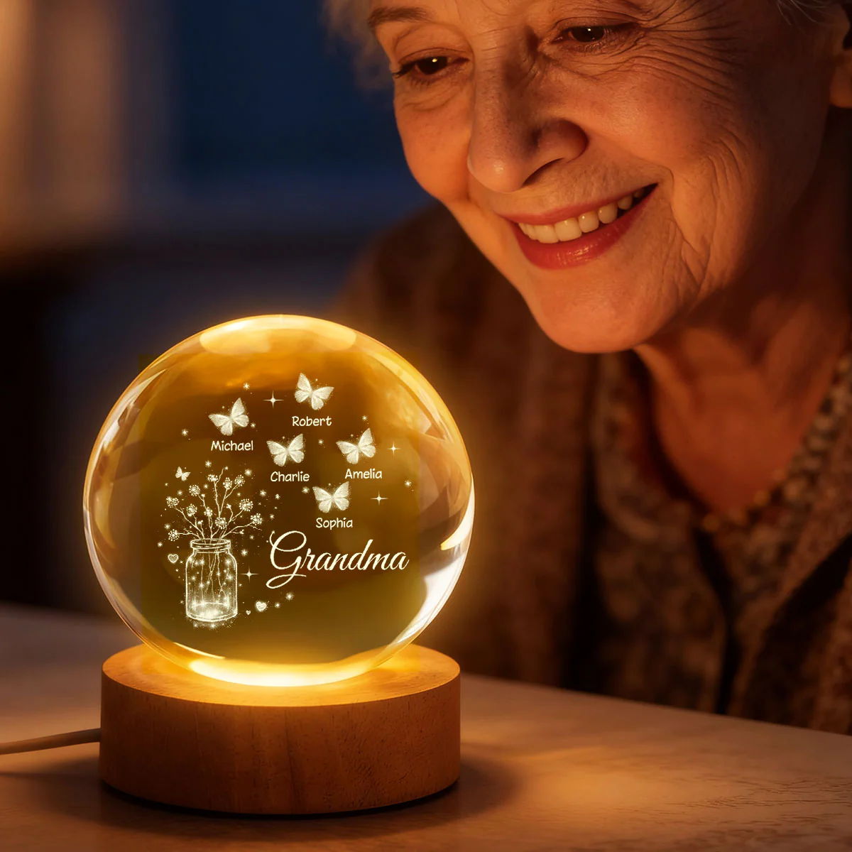Grandma Butterfly Flower Jar - Personalized Crystal Ball LED Night Light - Sentimental Gift for Grandma - Image 4