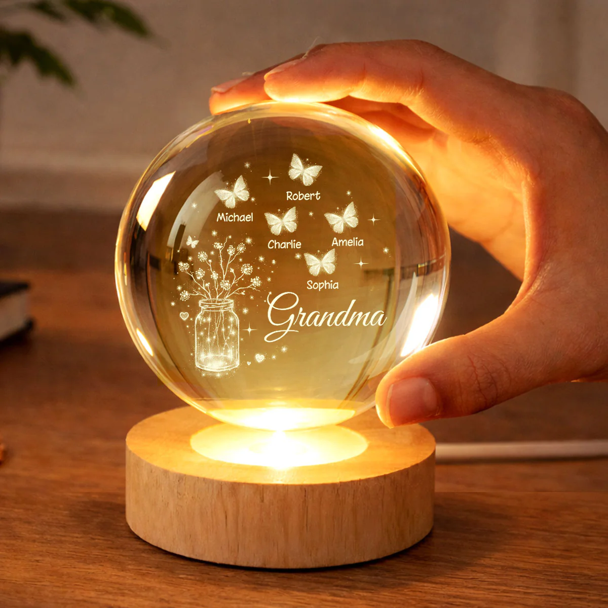 Grandma Butterfly Flower Jar - Personalized Crystal Ball LED Night Light - Sentimental Gift for Grandma - Image 5