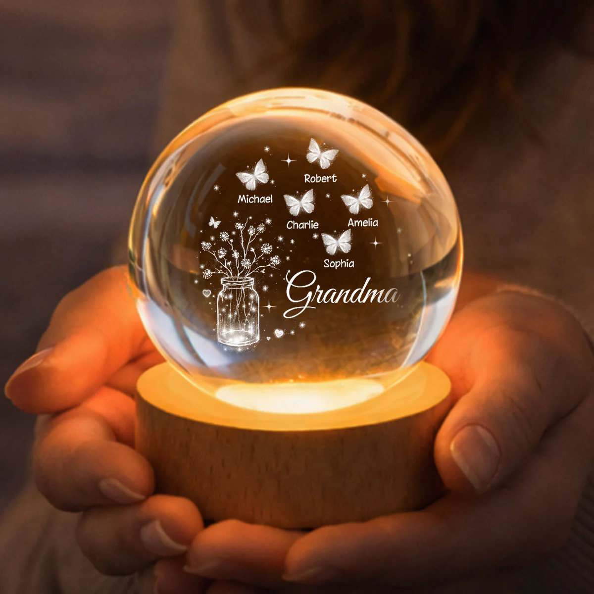 Grandma Butterfly Flower Jar - Personalized Crystal Ball LED Night Light - Sentimental Gift for Grandma - Image 6