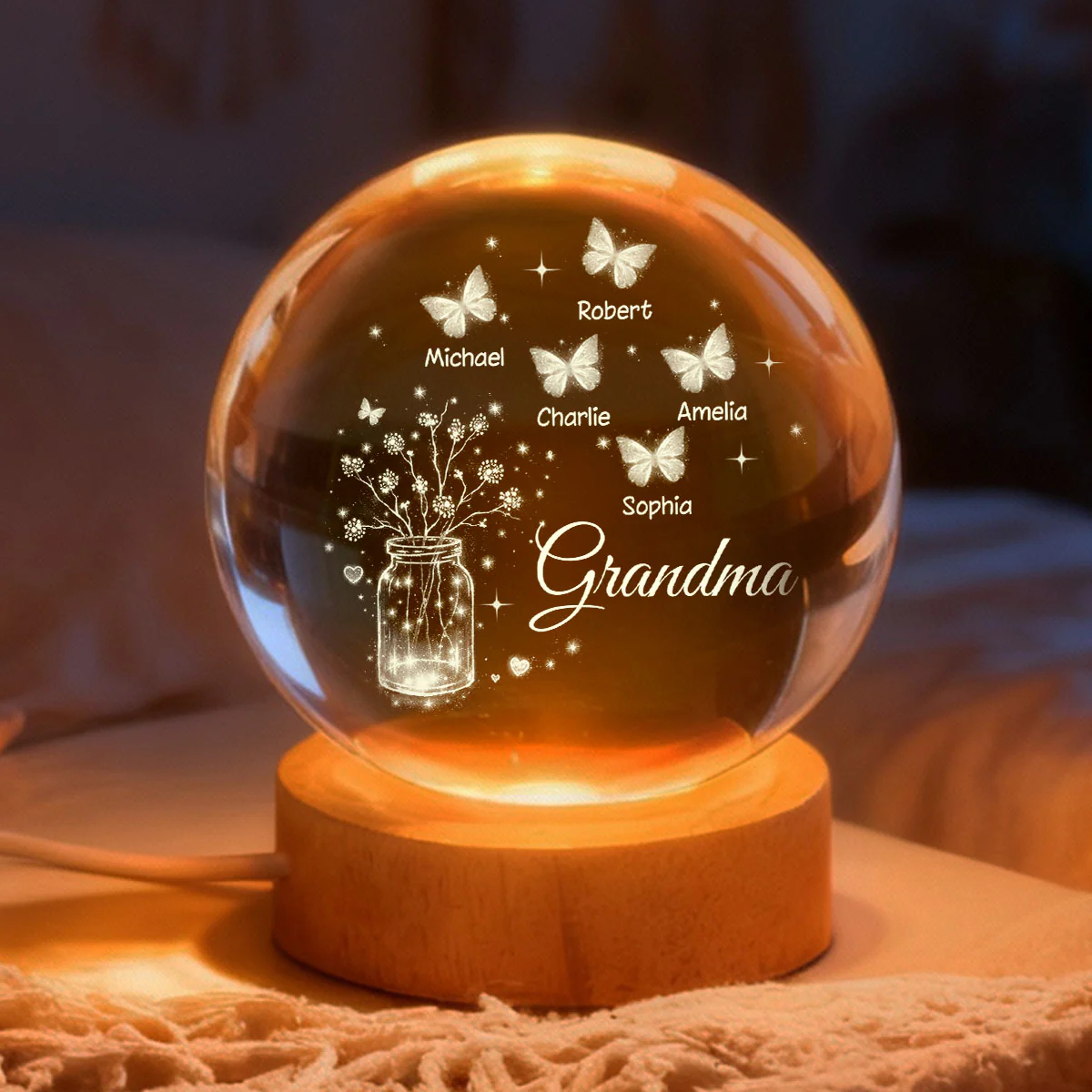 Grandma Butterfly Flower Jar - Personalized Crystal Ball LED Night Light - Sentimental Gift for Grandma - Image 7