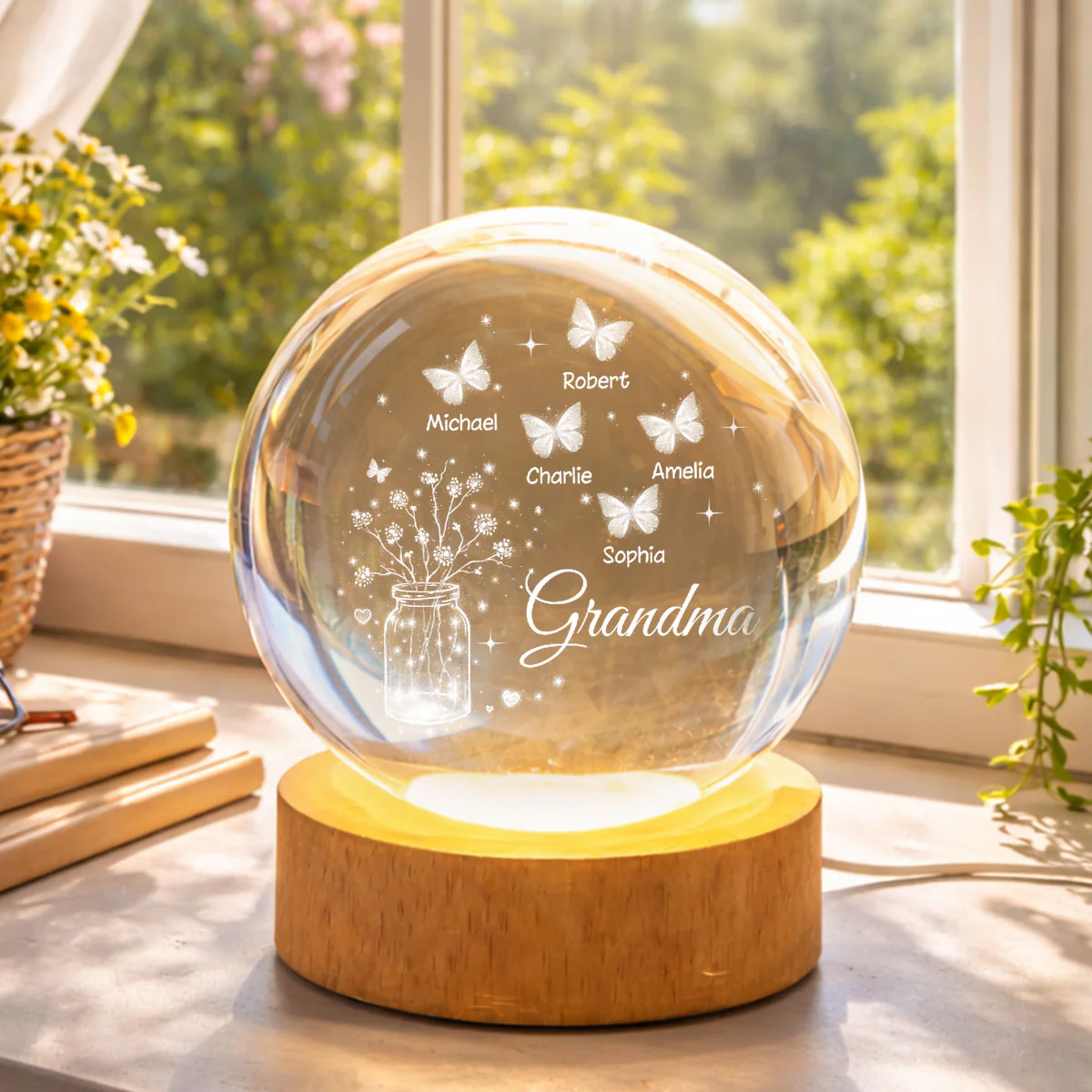 Grandma Butterfly Flower Jar - Personalized Crystal Ball LED Night Light - Sentimental Gift for Grandma - Image 8