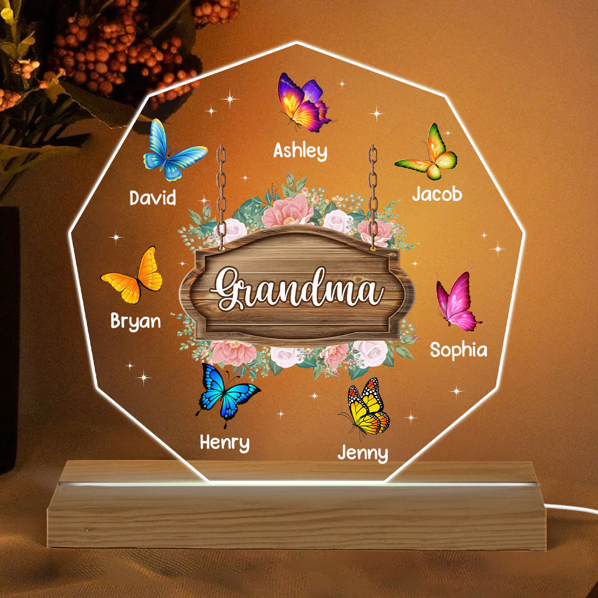 Grandma Butterfly Flowers Personalized Warm Acrylic Custom Shape LED Night Light - Image 2