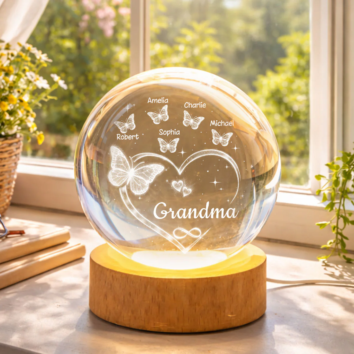 Grandma Butterfly Hearts with Grandkids' Names - Personalized Crystal Ball LED Night Light - Sentimental Gift for Grandma - Image 8