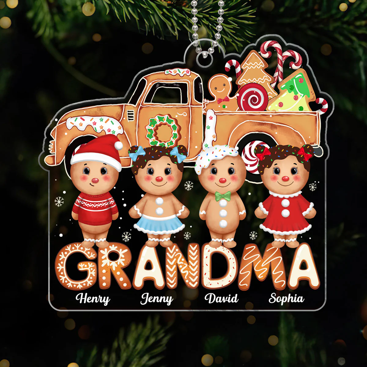 Grandma Christmas Truck Gingerbread Kids Personalized Acrylic Ornament