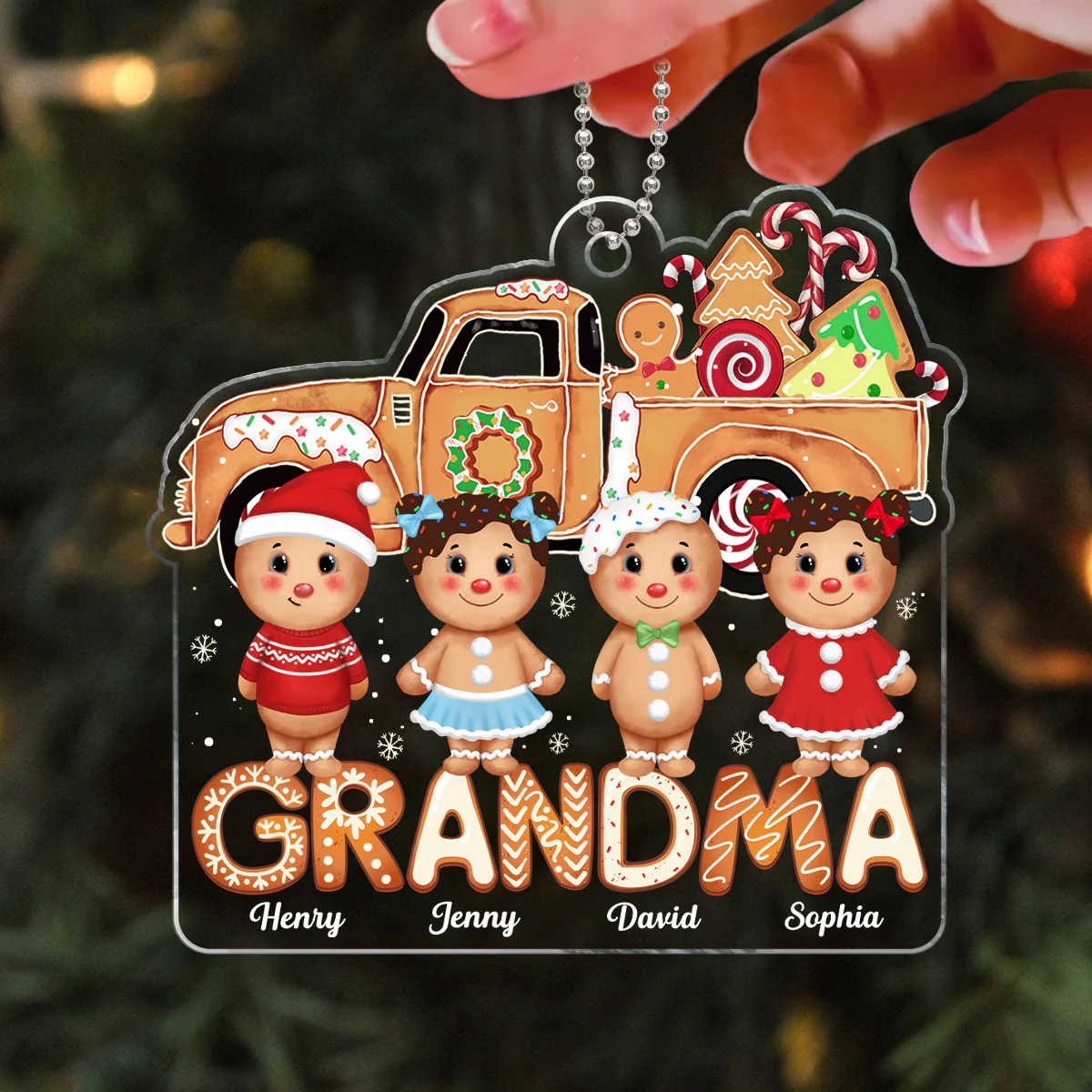Grandma Christmas Truck Gingerbread Kids Personalized Acrylic Ornament - Image 3