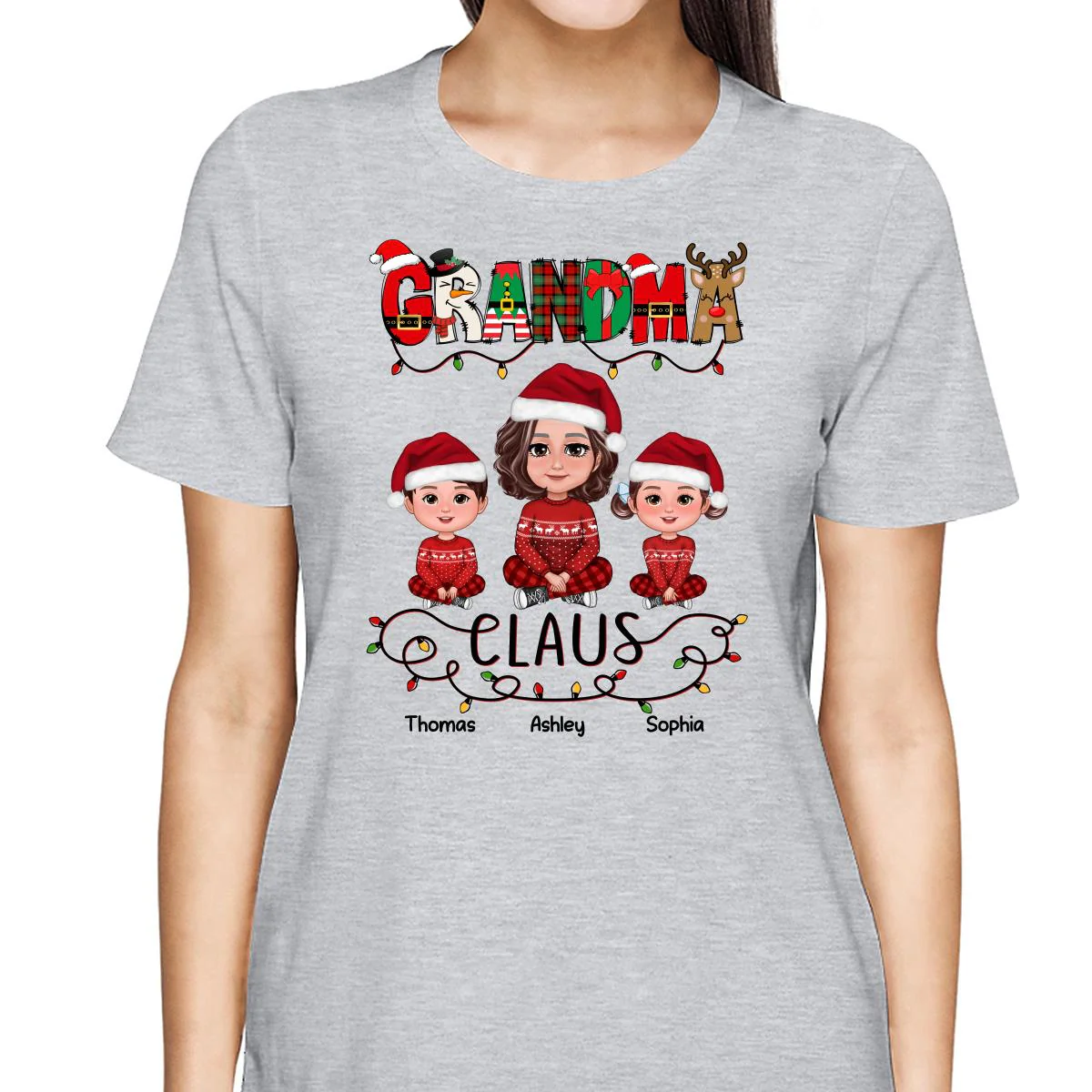 Grandma Claus Christmas Light Pattern Grandma Grankids Personalized Shirt - Image 2