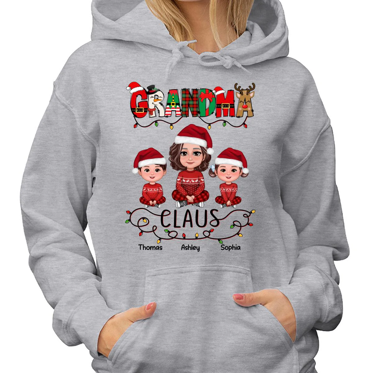 Grandma Claus Christmas Light Pattern Grandma Grankids Personalized Shirt - Image 4