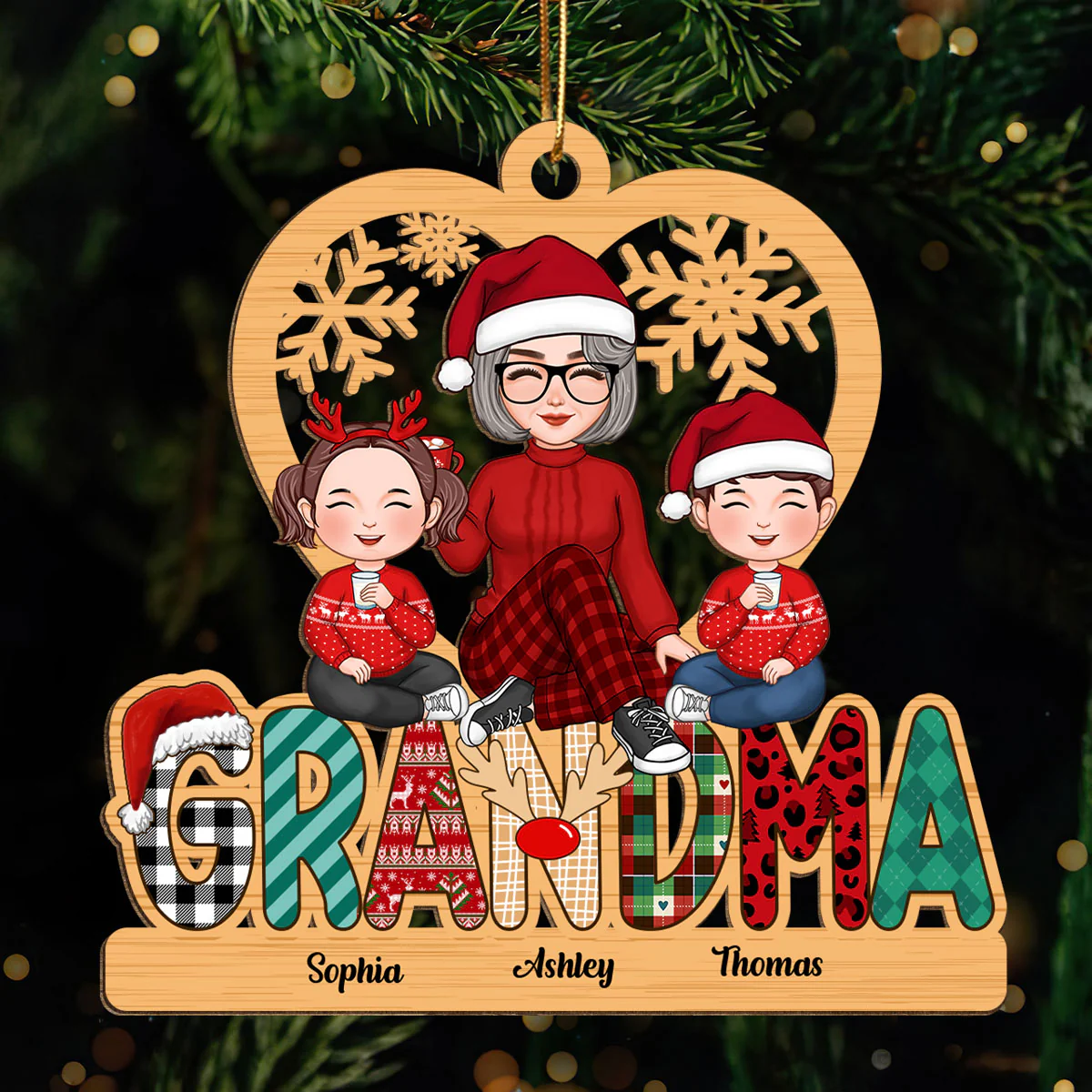 Grandma Claus Christmas Pattern Personalized Wooden Ornament - Image 2